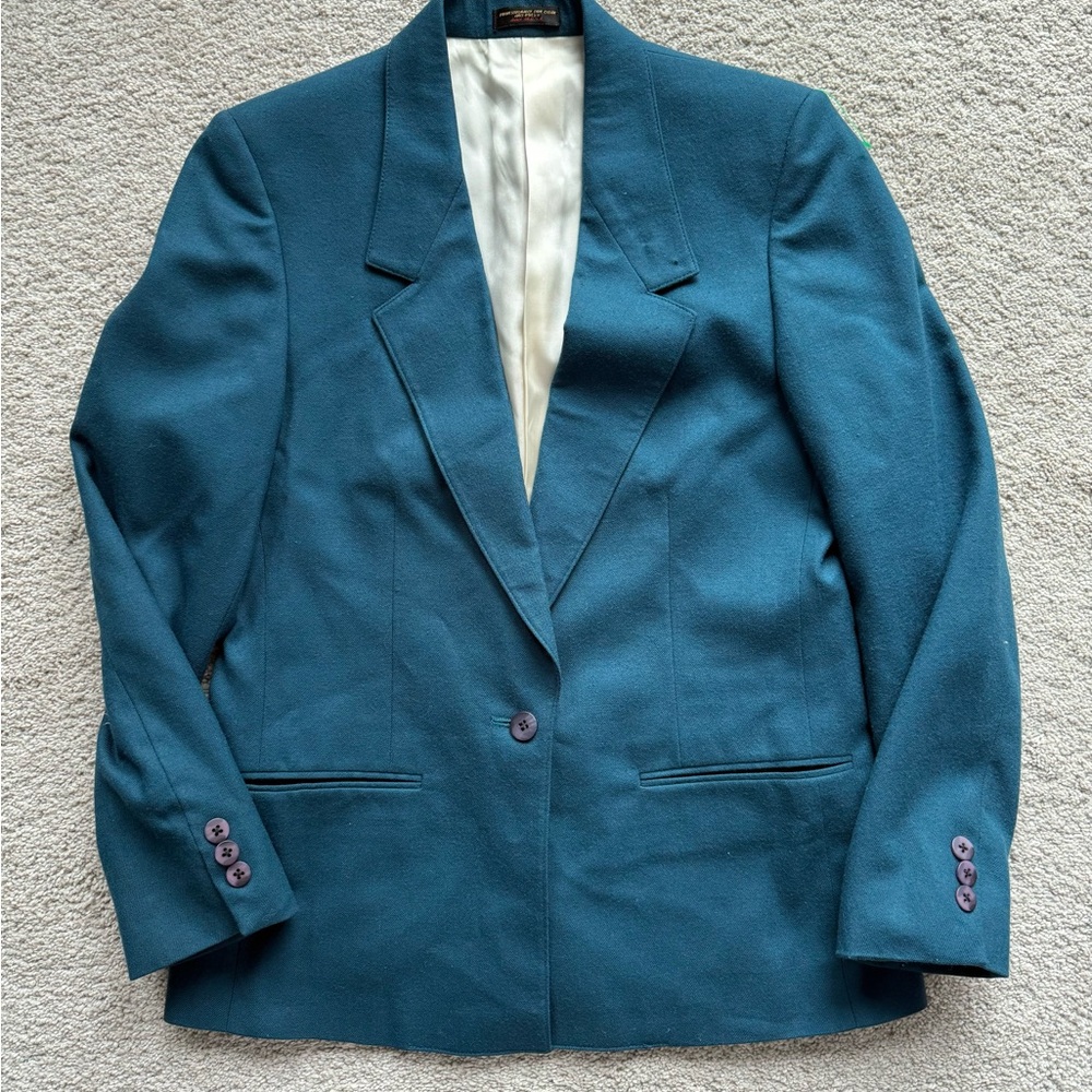Vintage 100% Wool Teal Blazer with Button Details & Shoulder Pads